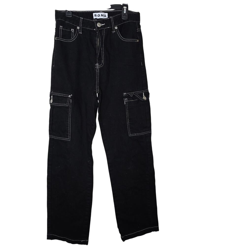 S.O.N.G. Black White Y2K Goth Retro Cargo Tripp Pants Womens Size 5 Pristine